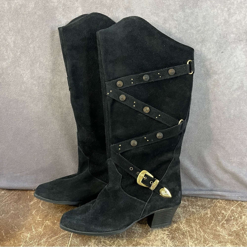 Kery-Bell Suede Tall Boots Women 35 Black Italian Leather Studded Buckle Western
